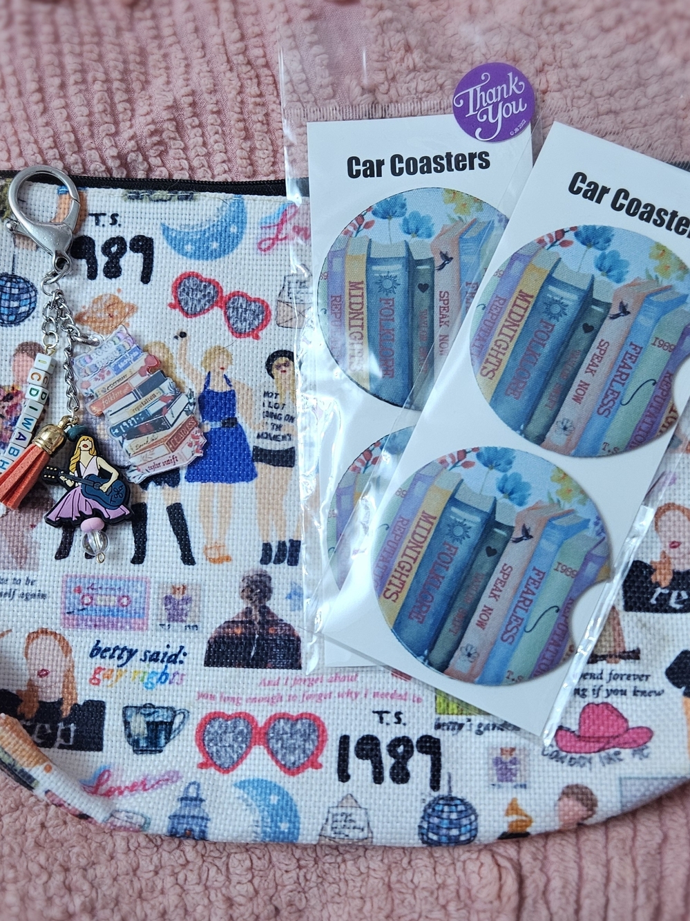 Swiftie Handmade Charm Keychain Makeup Pouch & Car Coaster Bundle